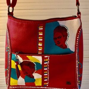 Frida Kahlo hand painted red leather handbag. Shoulder bag.